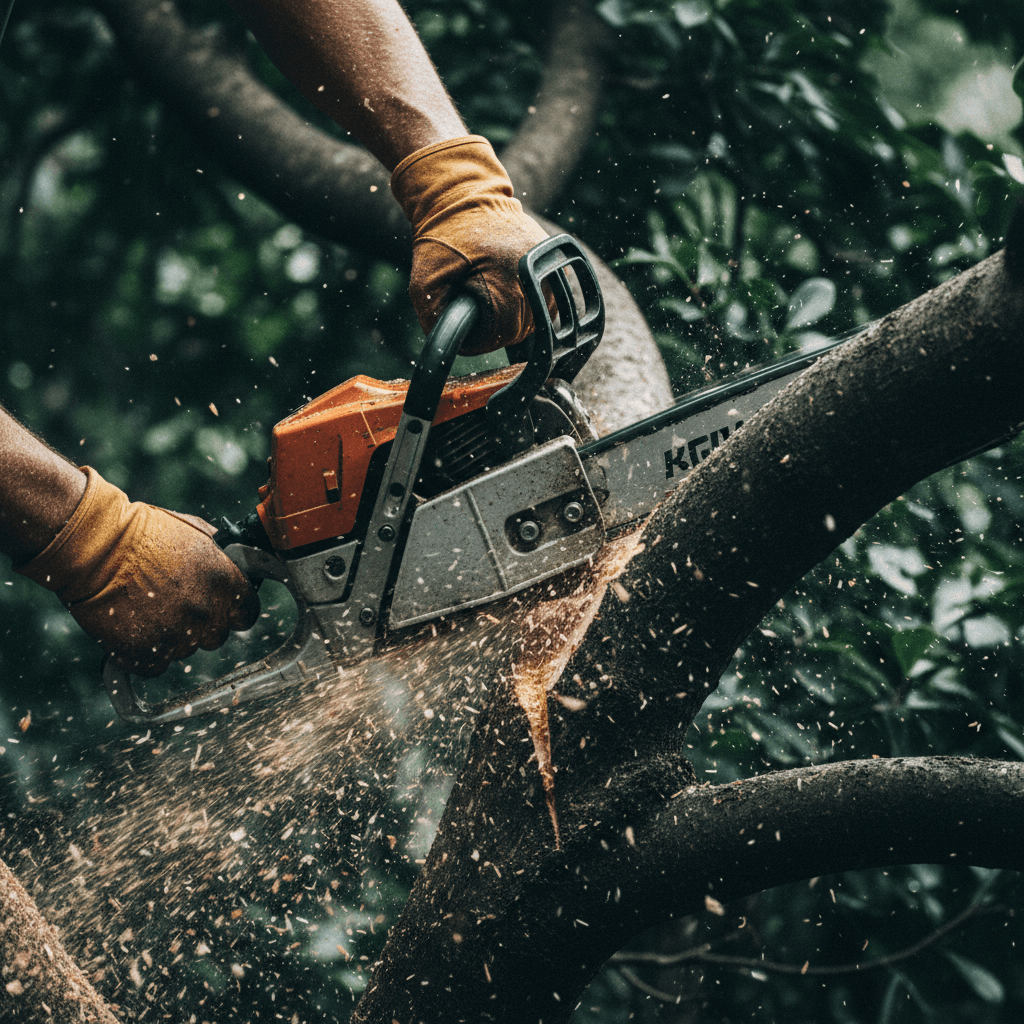 Tree surgeon using chainsaw on thick branch
