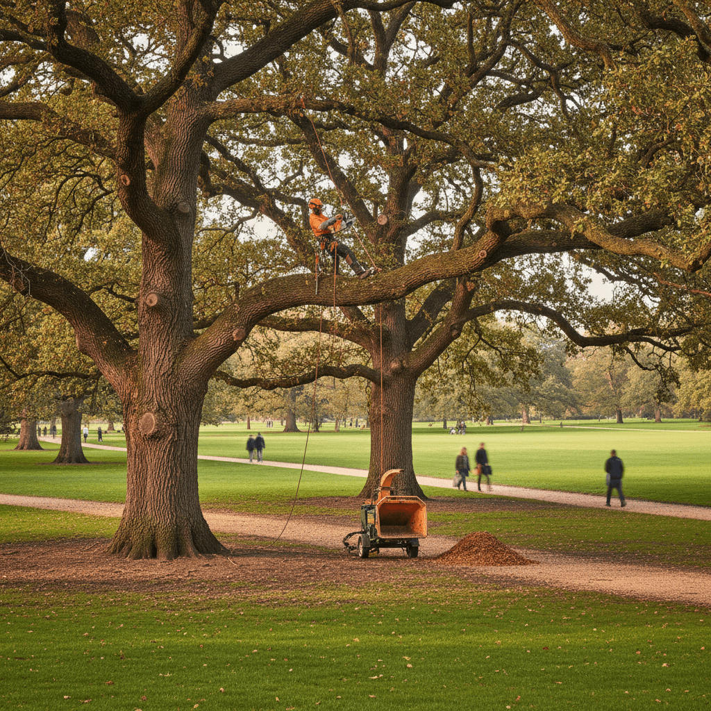 Arborist maintaining mature trees in a public park setting