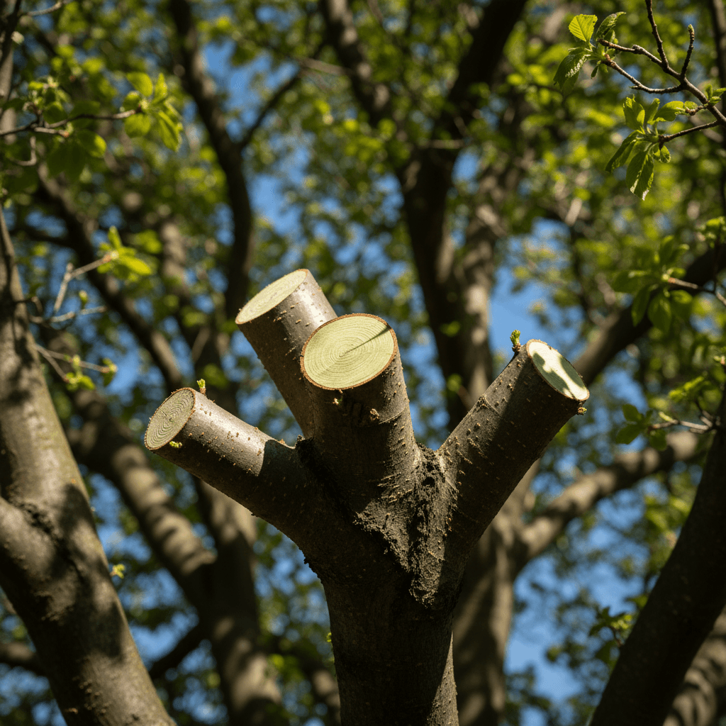Professional tree pruning showing clean cuts and healthy branch structure
