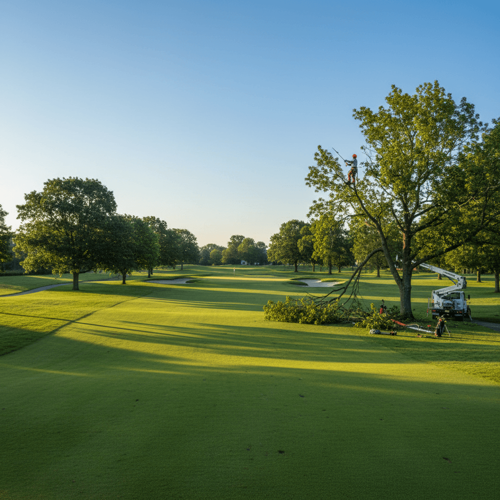 Professional arborist maintaining trees on a golf course for optimal playability