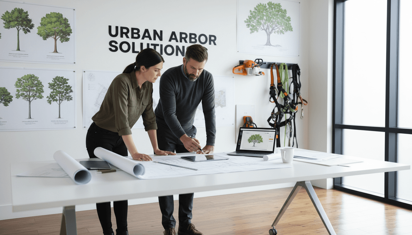Tree surgeon discussing project plans in a professional site office setting