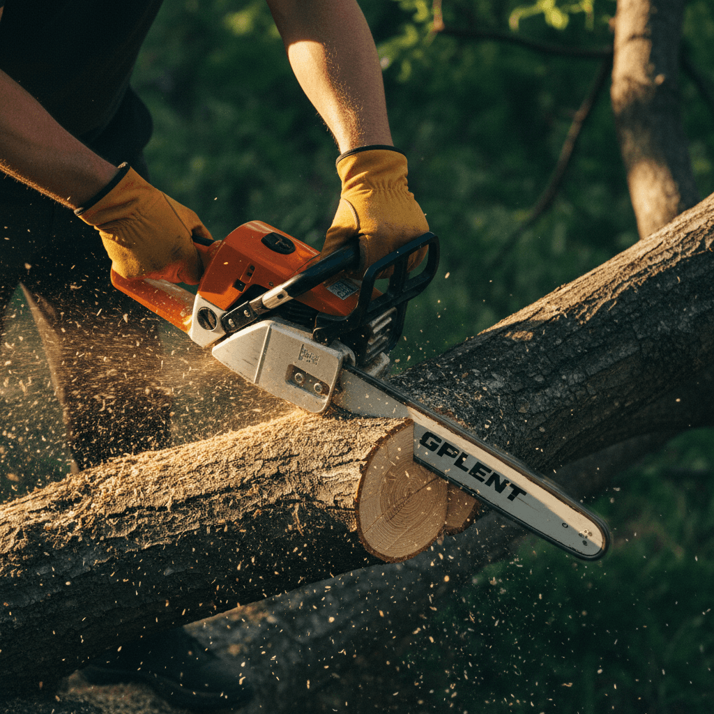 Tree surgeon using chainsaw to cut large branch with precision and safety equipment