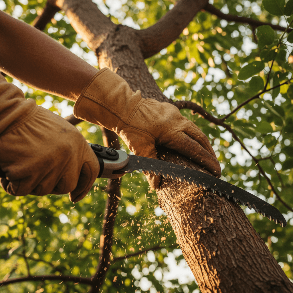 Professional tree surgery site with safety preparation